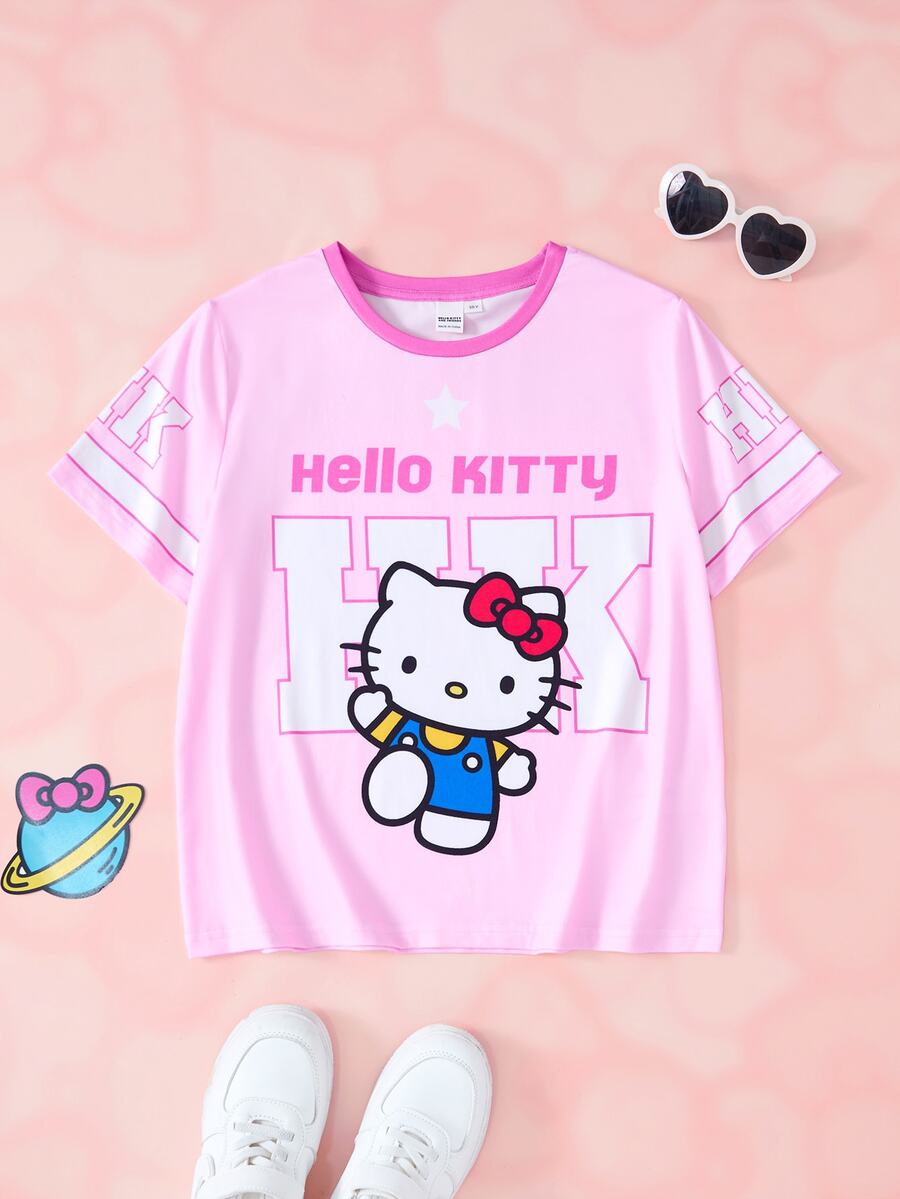 HELLO KITTY AND FRIENDS | SHEIN Kaos Lengan Pendek Kasual Harian untuk Anak Perempuan Tween dengan Cetak Kartun Huruf - Berwarna merah muda - View 1