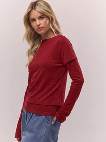 MUSERA Double Layered "" Graphic Longsleeve Top  Coolgirl Cosy Cute Outdoors Explorer Spring Summer Holiday Casual - Red - View 2