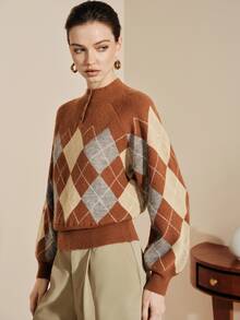 Arave Sweater Rajut Wanita Longgar Raglan Bahu Jatuh Bergaris Setengah Leher Tinggi Kancing Kontras Vintage Preppy Cokelat Beige Abu-abu Argyle Pakaian Musim Gugur Thanksgiving - MultiWarna - View 6
