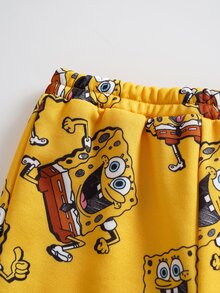 SpongeBob SquarePants | SHEIN 男嬰卡通圖案長袖運動衫與運動長褲休閒日常套裝 - 黃色 - 查看 6