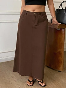 Dazy Plus Autumn/Winter High Waist Straight Long Solid Brown Minimalist Casual Denim Skirt - Brown - View 5