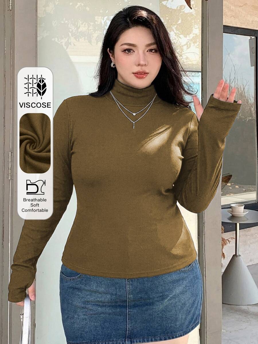Dazy Plus 修身純色高領打底 T-shirt 春夏秋款 - 軍綠色 - 查看 1