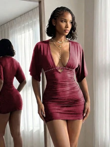 EgrlEra Deep V Sexy Ruched Bodycon Dress With Bell Sleeves, Ribbon & Beaded Embellishments - Burgundy - View 5