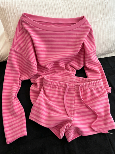 INAWLY Conjunto de 2 piezas para mujer con camiseta de manga larga a rayas y pantalones cortos con cintura de cordón