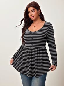 Enliva Plus Size Women's Striped Casual Everyday Stretch Long-Sleeve T-Shirt Apple,Rounded Body - Multicolor - View 6