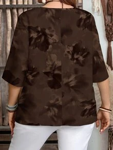 Mellowie Brown Tie-Dye Floral Casual Minimalist Plus Size Shirt, Suitable For Spring And Autumn Wear - Multicolor - View 2