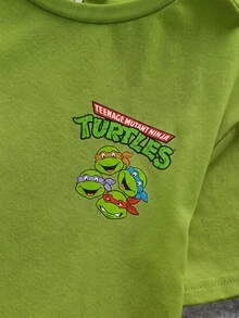 TEENAGE MUTANT NINJA TURTLES | SHEIN 小男孩卡通烏龜與字母圖案圓領短袖可愛T恤 - 綠色 - 查看 3