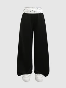 SHEIN 青少年女孩時尚休閒街頭風日常拼接撞色直筒長褲 - 黑色 - 查看 2