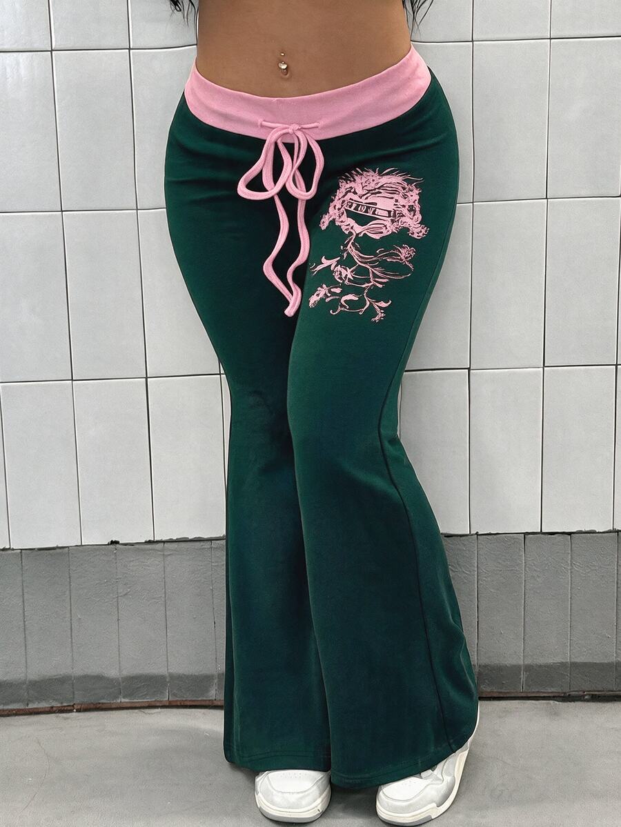 Maweii 大尺碼女款秋冬日常街頭風性感收腰對比色抽繩前印花修身喇叭拼接長褲，黑色與粉色 - 墨綠色 - 查看 1