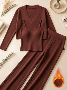 SHEINBlues Women's Deep V-Neck Pullover Top And Camisole Tank Top With Long Pants Set - Chocolate Brown - View 3