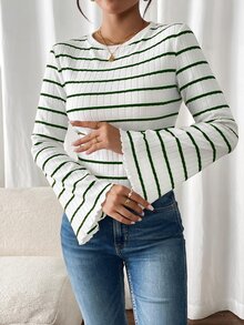 SHEIN Frenchy 休閒女款條紋日常穿著喇叭袖T恤 - 綠色 - 查看 3