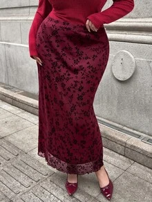 SHEIN EZwear 大尺碼女款酒紅色花卉印花優雅長裙 秋季 - 酒紅色 - 查看 4