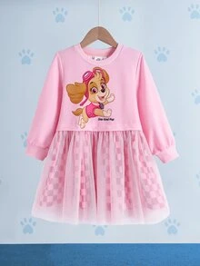SHEIN | PAW Patrol 女童卡通印花網格格紋長袖洋裝 - 粉色 - 查看 3