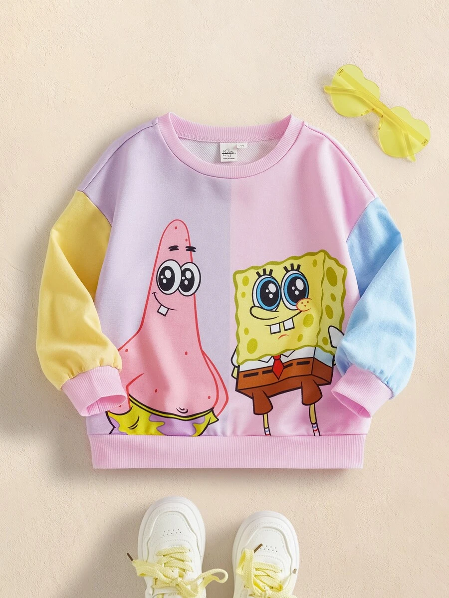 SpongeBob SquarePants | SHEIN Áo nỉ dài tay họa tiết hoạt hình phong cách thường ngày cho bé gái - Nhiều màu - Xem 1