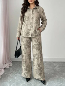 Dazy Plus Printed Floral Pattern Commuter Office Wear Shirt & Pants 2pcs Set Spring Autumn New Arrival - Khaki - View 1