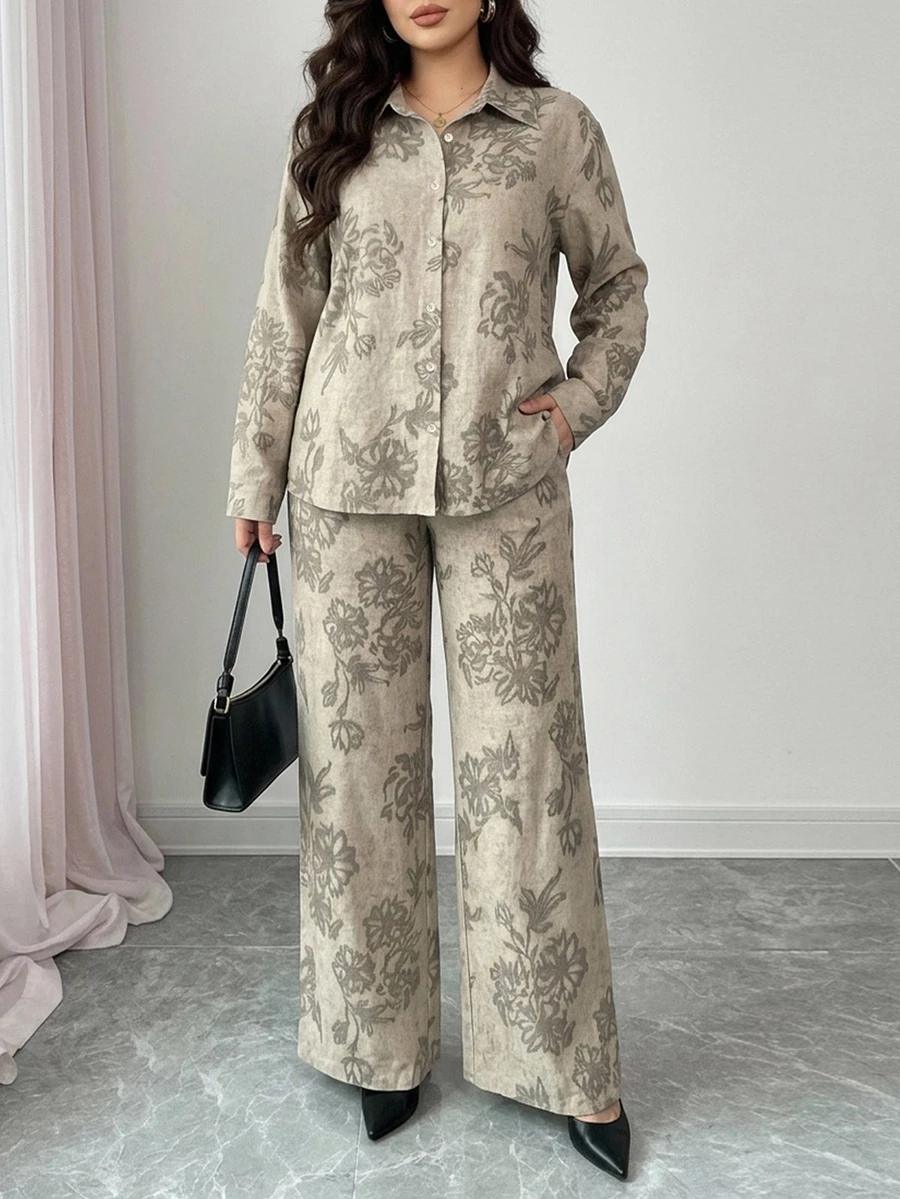 Dazy Plus Printed Floral Pattern Commuter Office Wear Shirt & Pants 2pcs Set Spring Autumn New Arrival - Khaki - View 1