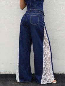 Sweetra Women's Single-Breasted Halter Neck Top And Long Pants Casual Everyday Denim Set - Blue - View 11
