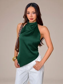 SHEIN PETITE 女款性感露背掛脖上衣，優雅適合派對、通勤與度假，夏季穿著 - 墨綠色 - 查看 4