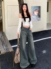 DAZY 藍灰色水洗磨損高腰口袋鈕扣寬鬆寬腿休閒百搭牛仔褲 - 藍色 - 查看 5