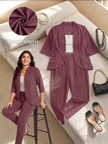Comfylo Plus Size Women Solid Color 3/4 Sleeve Blazer And Pants 2 Pieces Office Suit, Business Casual Woman - Dusty Purple - View 7