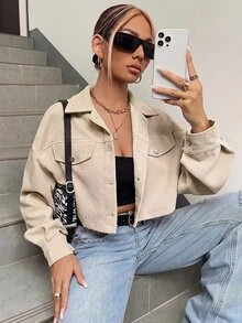 SHEIN EZwear Spring Outfits Drop Shoulder Flap Detail Crop Corduroy Jacket In Fall/Winter - Apricot - View 1