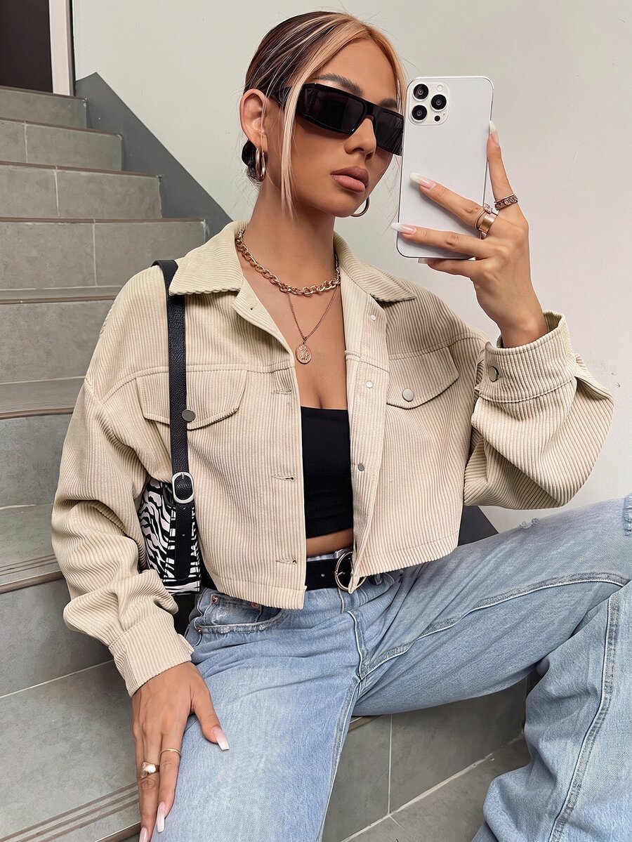 SHEIN EZwear Spring Outfits Drop Shoulder Flap Detail Crop Corduroy Jacket In Fall/Winter - Apricot - View 1