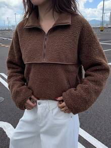 DAZY Brown Semi-High Neck Solid Color Loose Drop Shoulder Long Sleeve Casual Versatile Street Style Pullover Sweatshirt - Brown - View 3