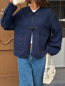 Siren Gaze Autumn/Winter New Denim Effect New Chinese Style Frog Button Jacket For Women - Blue - View 5