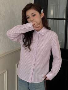 Dazy Kids Tween Girl) Striped Casual Collared Long Sleeve Autumn/Winter Basic Loose Shirt - Purple - View 2