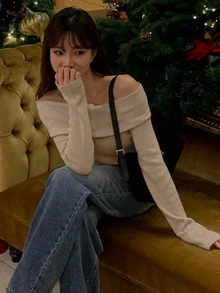 DAZY 女款純色露肩一字領針織T恤 白色 春秋款 - 卡其色 - 查看 4