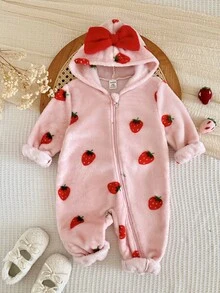SHEIN Bộ romper trẻ em gái dệt kim màu trơn họa tiết dâu tây có mũ lông giả phong cách thường ngày - Nhiều màu - Xem 4
