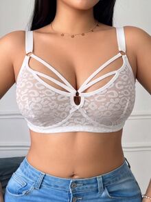 SHEIN 1pc Animal Print Leopard Lace Bow Plus Size Wireless Non-Padded Women's Bra - White - View 5
