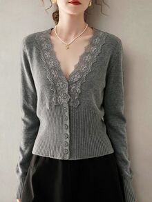 Celisse Women's Lace Patchwork V-Neck Casual Daily Cardigan - Dark Grey - View 1