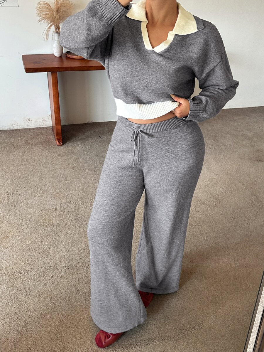Dazy Plus Setelan Rajut Kasual dengan Sweater Pullover Pendek dan Celana Panjang Pas Badan Motif Patchwork Warna Kontras, Gaya Baru Musim Gugur/Dingin - Grey - View 1