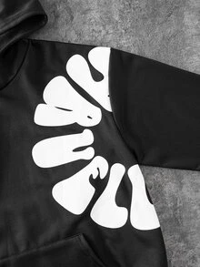 2件組 男士青少年秋冬抓絨內裡加厚街頭風花卉滿版印花連帽衛衣套頭衫與直筒運動長褲套裝，適合街頭風格，中性款 - 黑色 - 查看 4