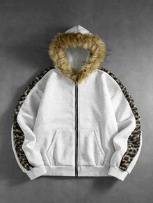 ROMWE MEN Men's Leopard Print Patchwork Plush Hat Autumn Winter Loose Streetwear Sweatshirt Hoodie - Multicolor - View 1