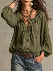 SHEIN 度假穿搭新款V領羅根袖寬鬆鈕扣裝飾休閒泡泡長袖女式襯衫，適合女性鄉村風服飾、夏季穿搭、六月節慶女裝 - 軍綠色 - 查看 3