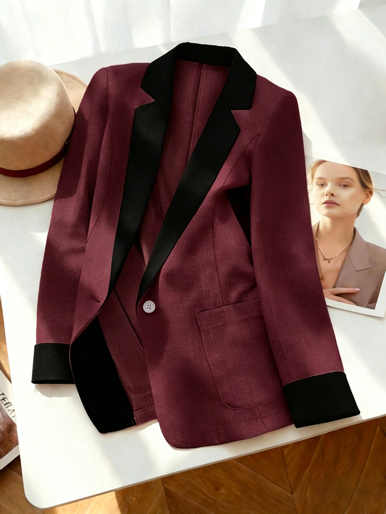 Franclia Women's Summer Contrast Color Lapel Casual Commute 3/4 Sleeve Lightweight Blazer Jacket - Burgundy - View 1