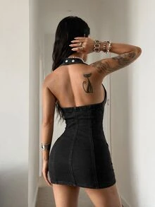 StreetHx Letter Patched Open Back Zip Up Halter Denim Dress - Black - View 2