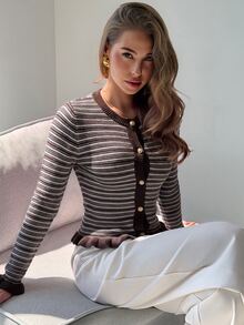 Aloruh 女款秋冬新款粉色與棕色條紋拼接圓領長袖針織開襟外套，簡約休閒優雅復古現代日常通勤慵懶街頭風毛衣 - 咖啡棕 - 查看 5