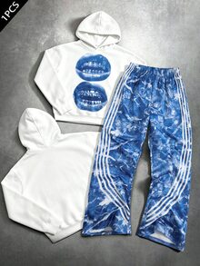 SHEIN Teen Boy Lips Print Hoodie & Plants Print Contrast Striped Side Sweatpants Set - Multicolor - View 6