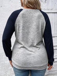 EMERY ROSE Plus Size Women Hot Selling Elegant Elegant Solid Color Contrast Regular Round Neck Raglan Long Sleeve Sweatshirt, Minimalist Cut Slimming Design, Suitable For Daily Commute, Outdoor Outings, Home Wear Shirt - Multicolor - View 2