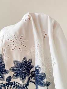 Muvela Women's Elegant Hollow Floral Design Blouse - Blue and White - View 7