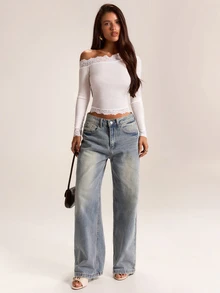 SHEIN BAE ملابس علوية نسائية محبوكة بأكمام طويلة بتصميم كتف غير متماثل مع رقعات دانتيل بلون أبيض سادة لفصل الخريف/الشتاء - أبيض - مشاهدة 4