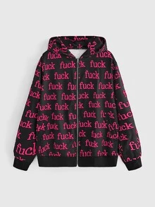 ROMWE Autumn/Winter Punk Slogan Street Print Open Front Hooded Sweatshirt - Hot Pink - View 1