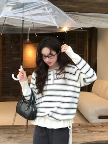 DAZY Sweater Wanita Berkerah Motif Garis Lengan Panjang Gaya Korea untuk Musim Gugur/Dingin - Light Grey - View 3
