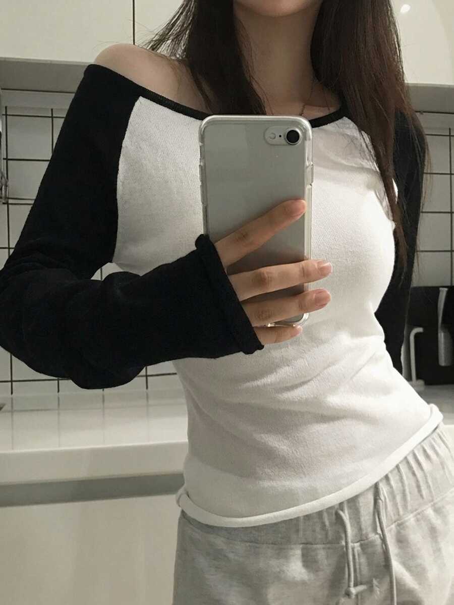 DAZY 女款不對稱肩拼接配色長袖韓系清新女孩毛衣 - 寶藍色 - 查看 1