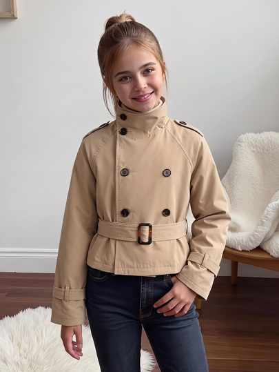 SHEIN Tween Girls Autumn/Winter Casual Street Fashion Navy Style Khaki Woven Stand Collar Double Breasted Belt Decor Thermal Lined Thickened Jacket Coat, Suitable For Back To School, Daily Wear