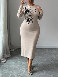Modelyn Plus Size Round Neck Long Sleeve Floral Pattern Knit Dress - Khaki - View 3