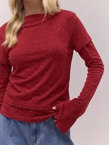 MUSERA Double Layered "" Graphic Longsleeve Top  Coolgirl Cosy Cute Outdoors Explorer Spring Summer Holiday Casual - Red - View 5